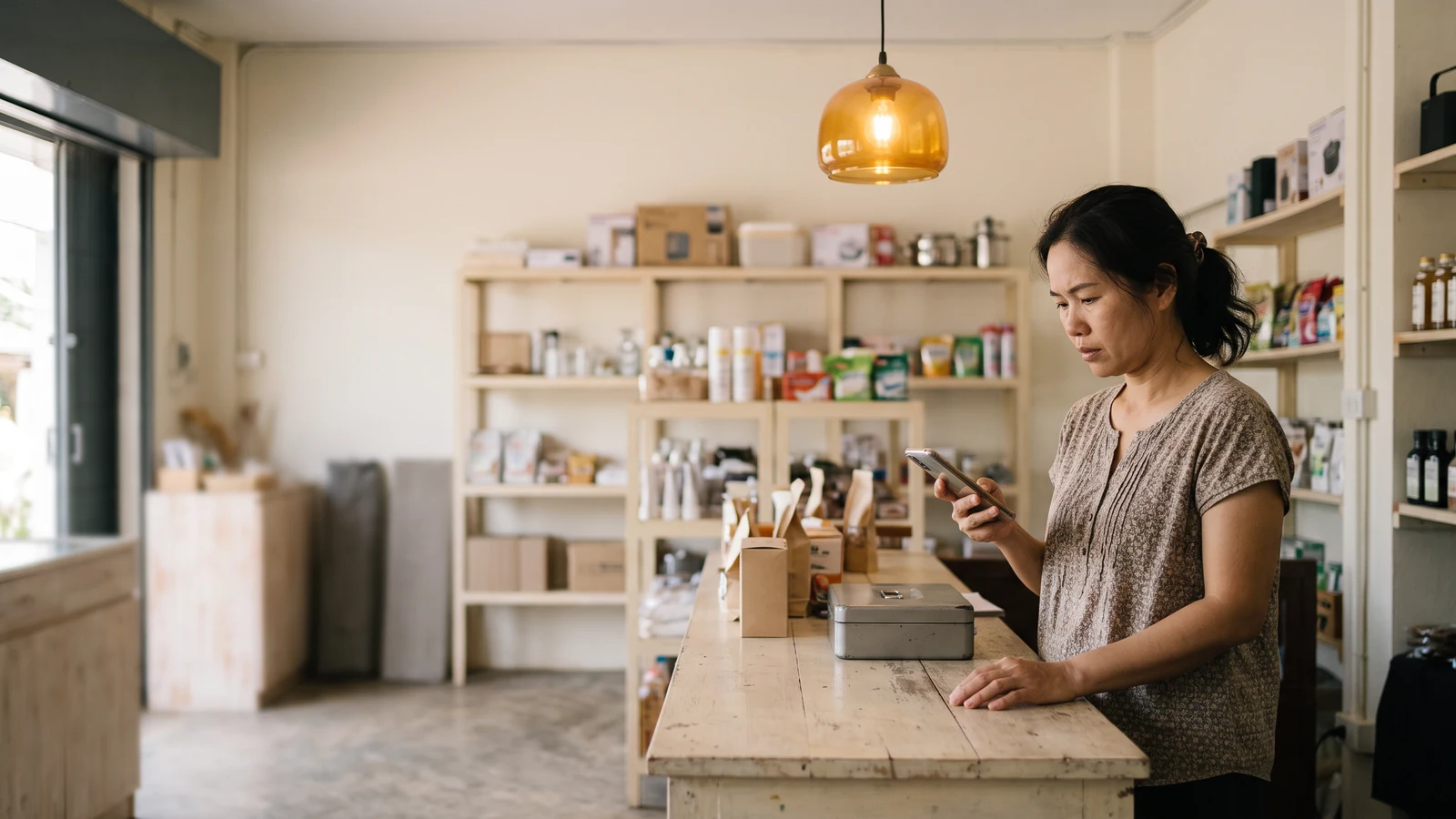 เจ้าของร้านชาวไทยยืนหลังเคาน์เตอร์ กำลังดูโทรศัพท์ในร้านของตัวเอง