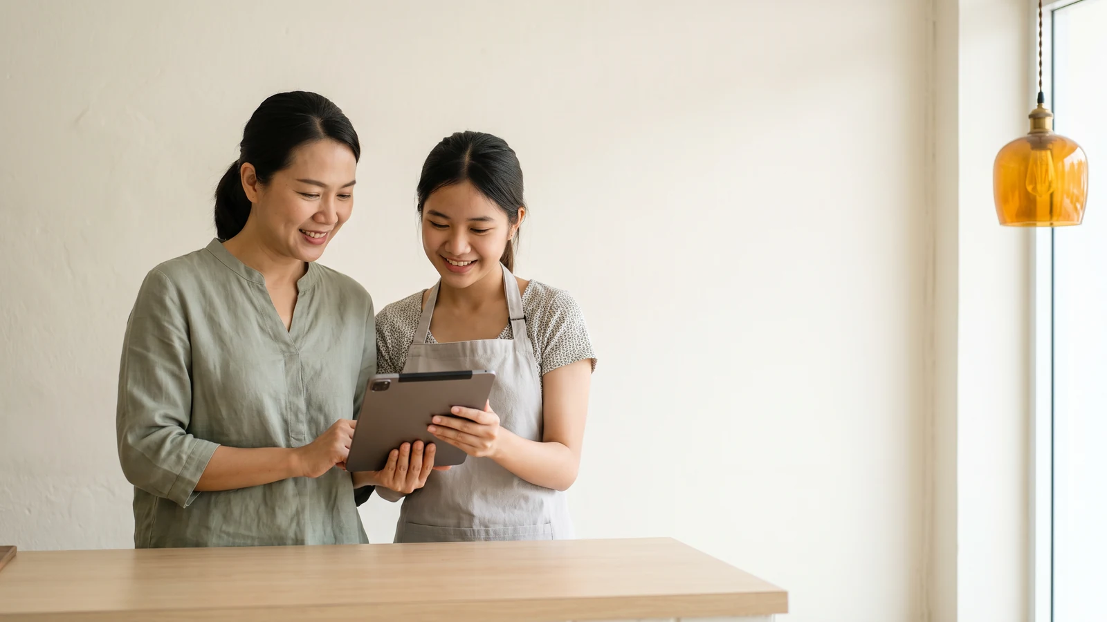 เจ้าของร้านและพนักงานยืนดูแท็บเล็ตด้วยกันหลังเคาน์เตอร์