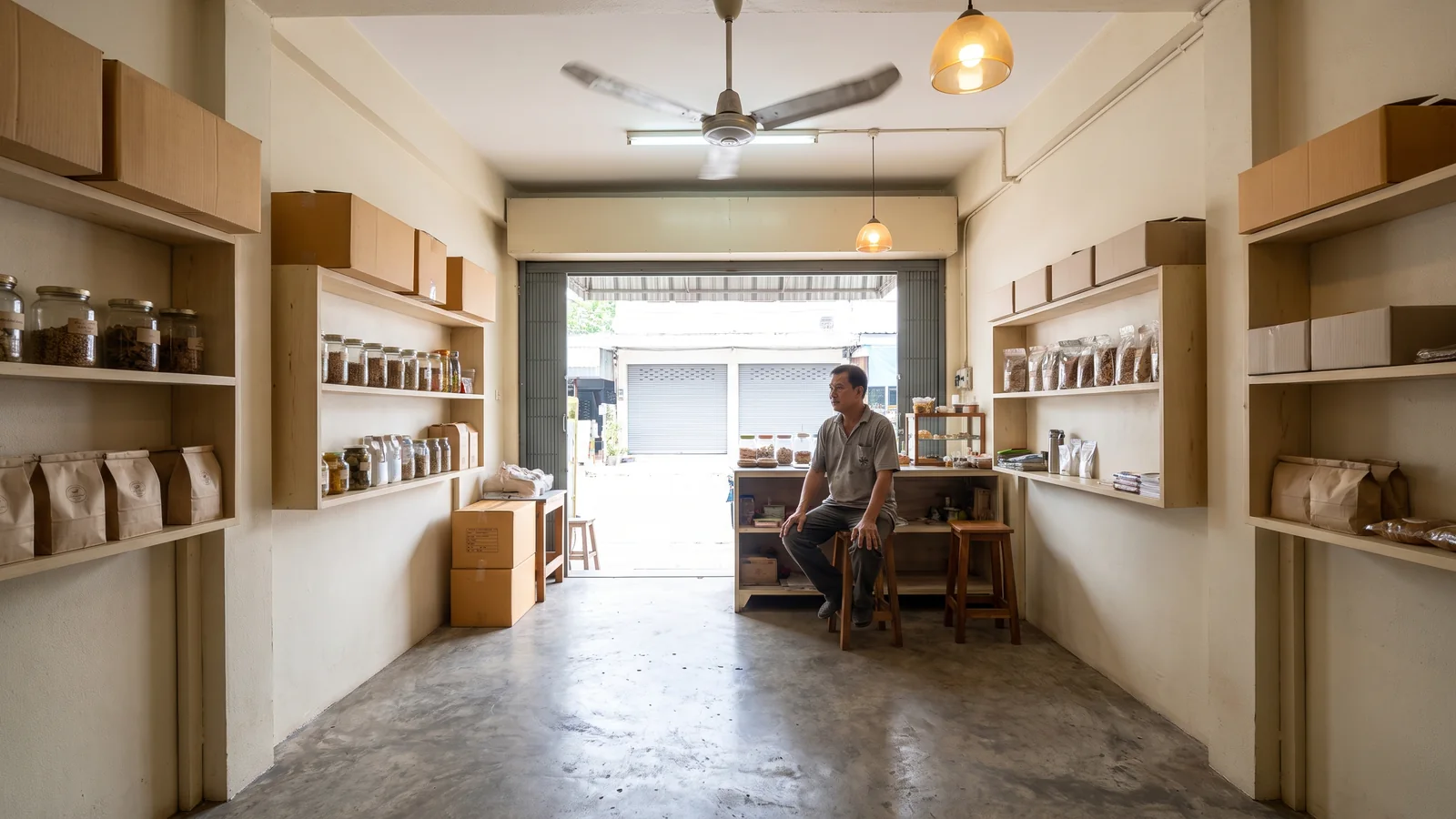 ร้านค้าเล็กในไทยช่วงกลางวันที่ไม่มีลูกค้า เจ้าของนั่งรออยู่ด้านใน