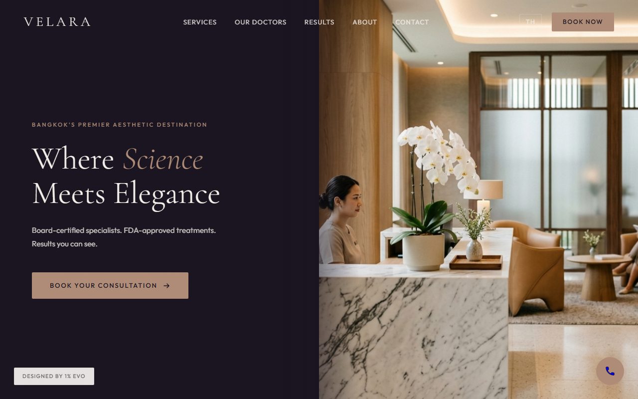 Velara Clinic — mockup คลินิกความงามระดับ premium ดีไซน์ editorial