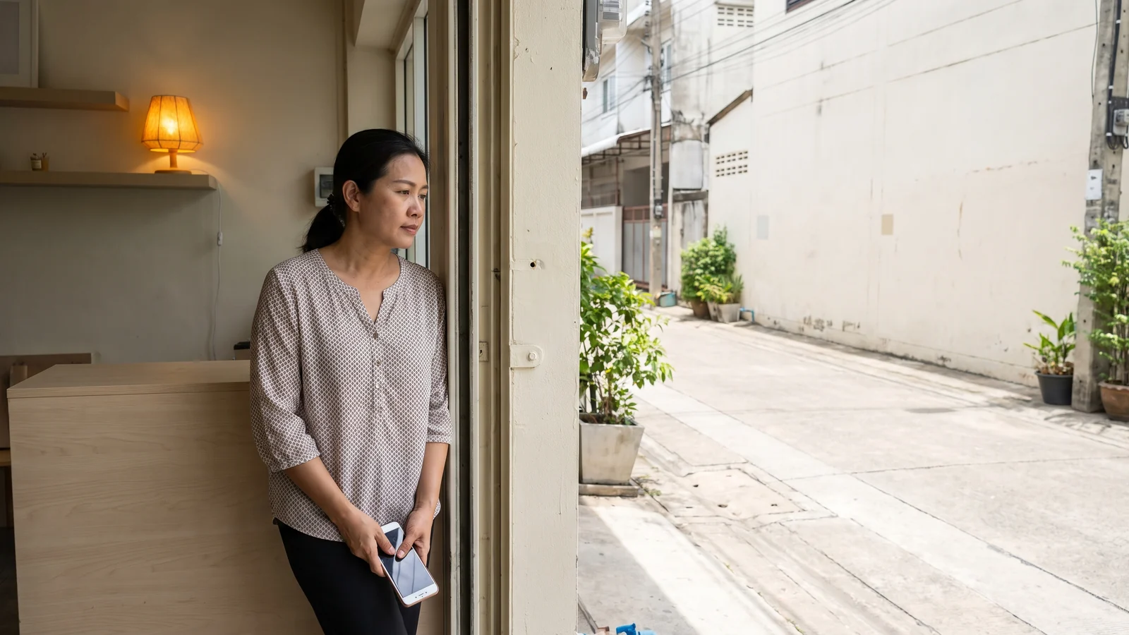 เจ้าของร้านยืนอยู่หน้าประตูร้านของตัวเอง ถือมือถือไว้ข้างลำตัว
