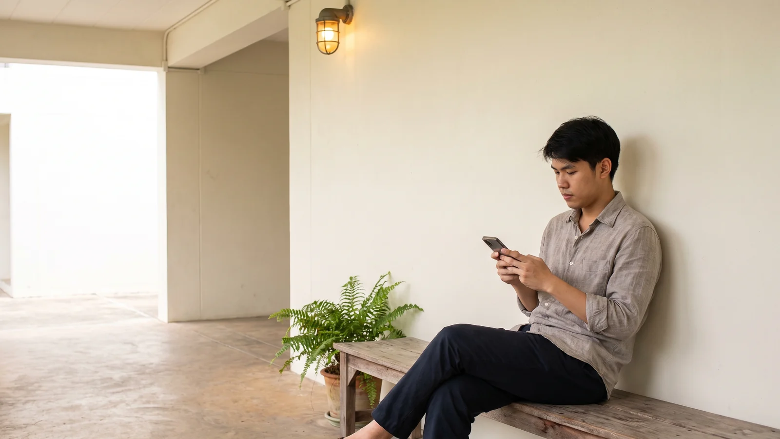 ชายหนุ่มนั่งอยู่บนม้านั่งใต้ทางเดินมีหลังคา ถือมือถืออยู่ในมือทั้งสองข้าง