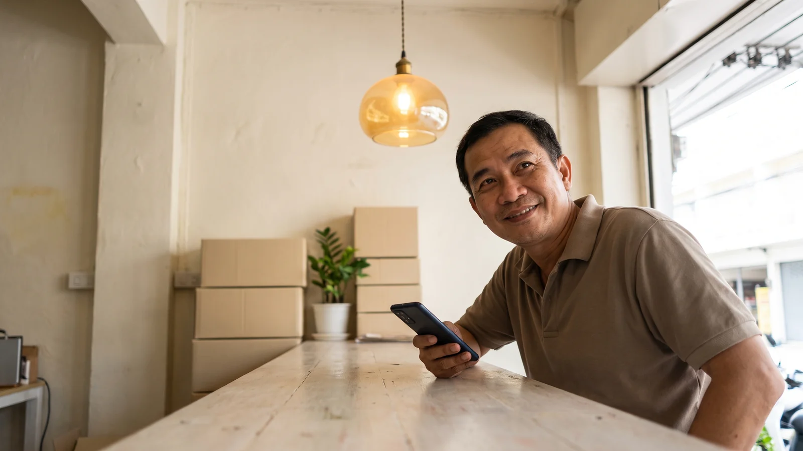เจ้าของร้านยืนหลังเคาน์เตอร์ ถือมือถือและเงยหน้าขึ้นยิ้ม
