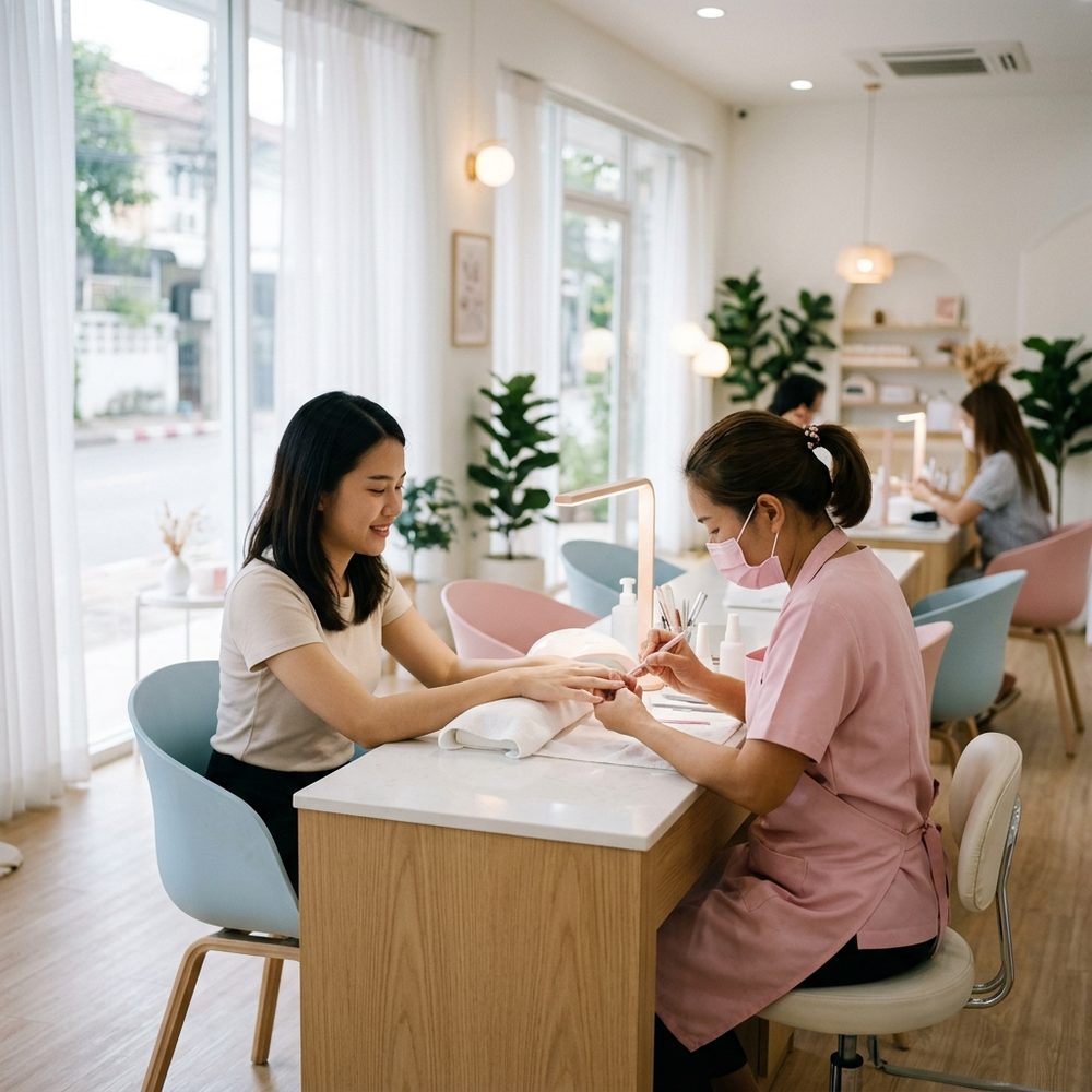 ภายในร้านทำเล็บสไตล์โมเดิร์นในไทย ช่างกำลังทำเล็บให้ลูกค้า